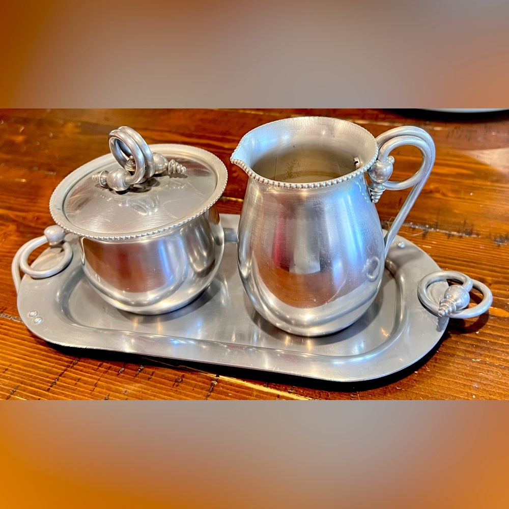 Buenilum, mid century modern, circa 1956 pewter cream and sugar set.